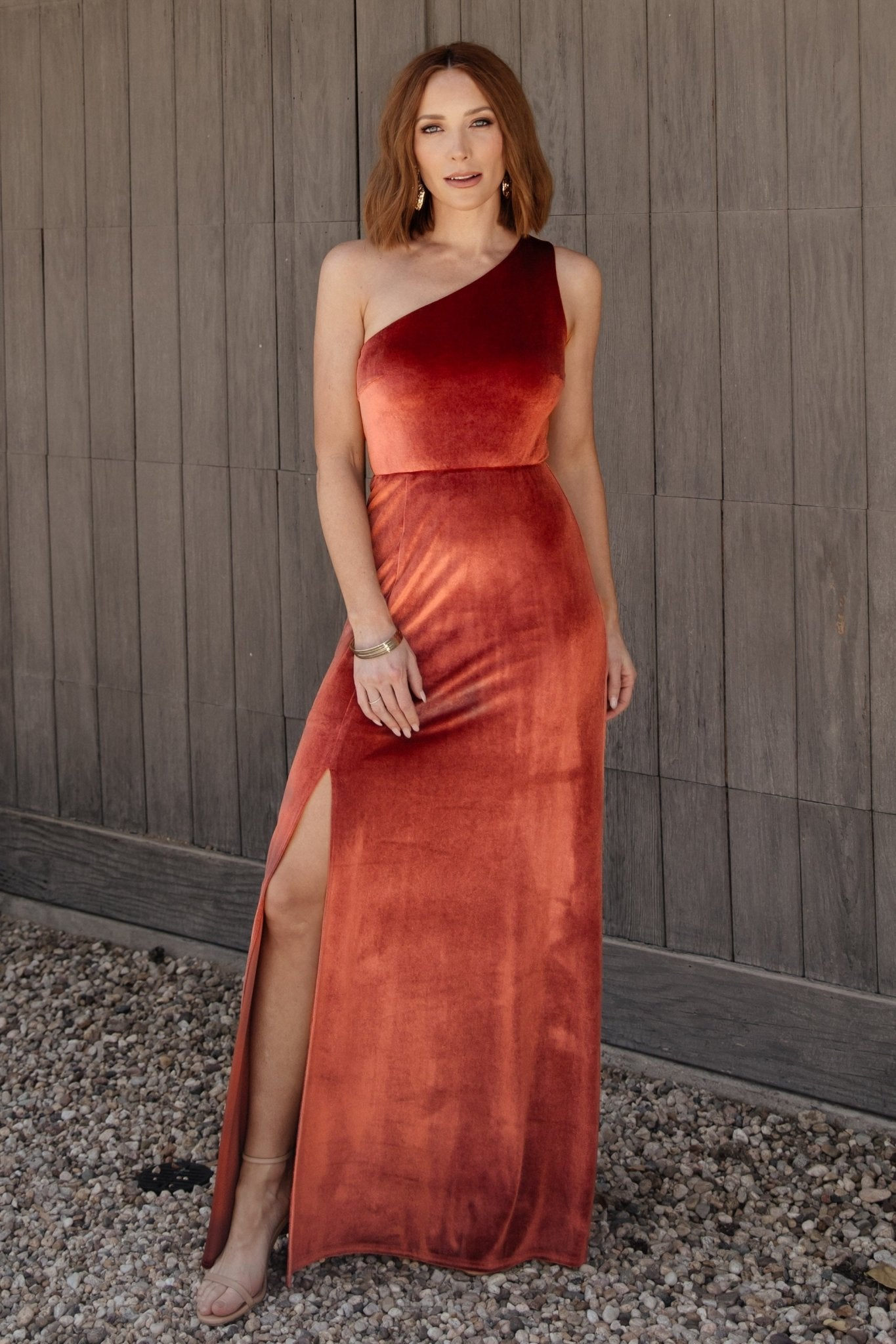 Tatiana Velvet One Shoulder Maxi Dress | Cinnamon - Baltic Born