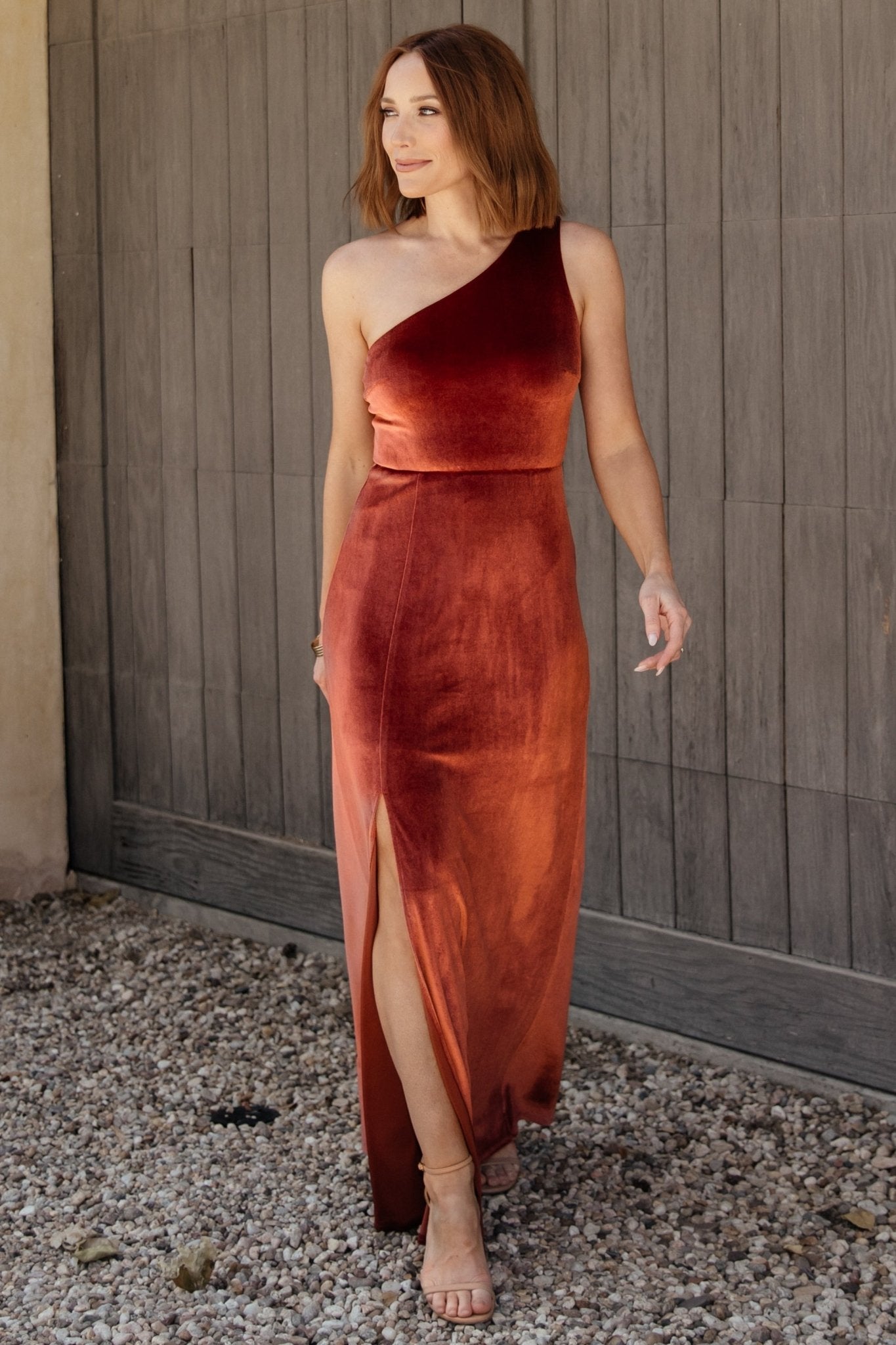 Tatiana Velvet One Shoulder Maxi Dress | Cinnamon - Baltic Born