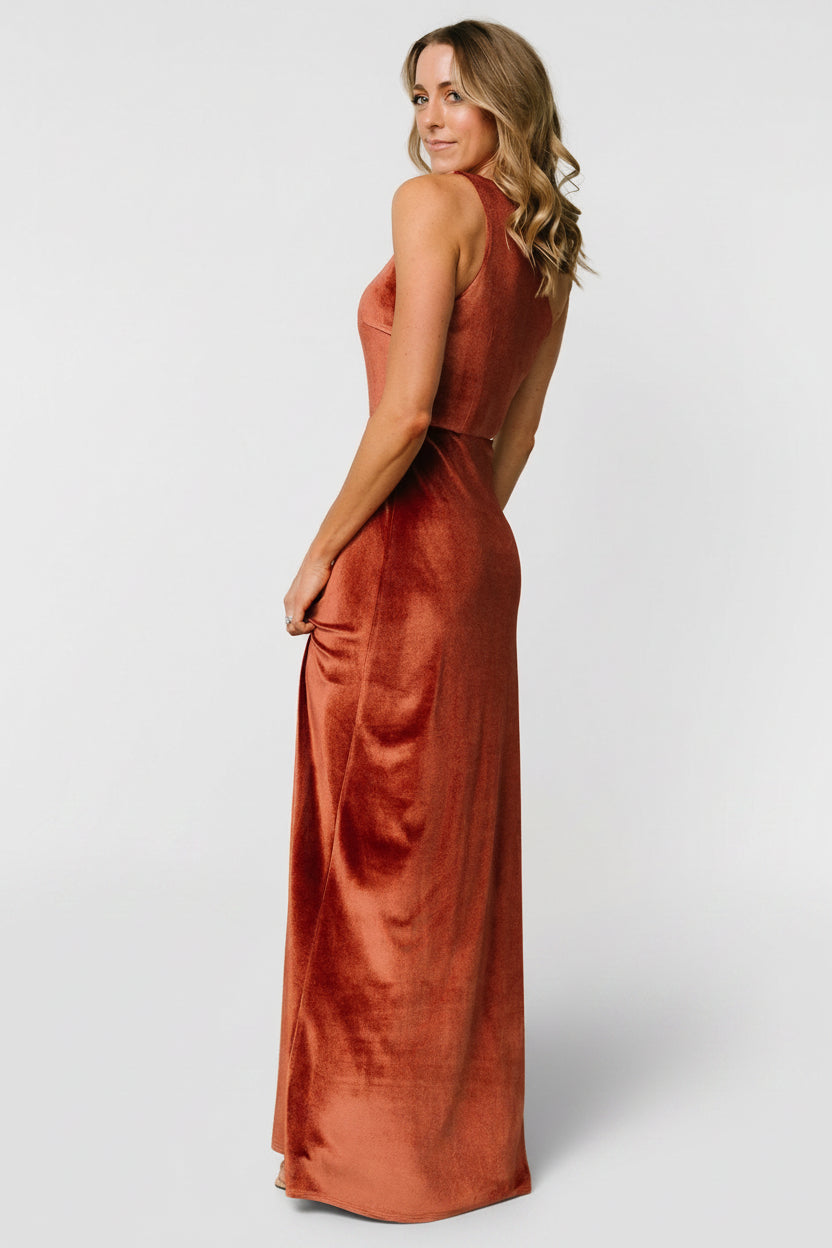 orange velvet dress Baltic Born Womens Tatiana Velvet One Shoulder Maxi Dress | Cinnamon