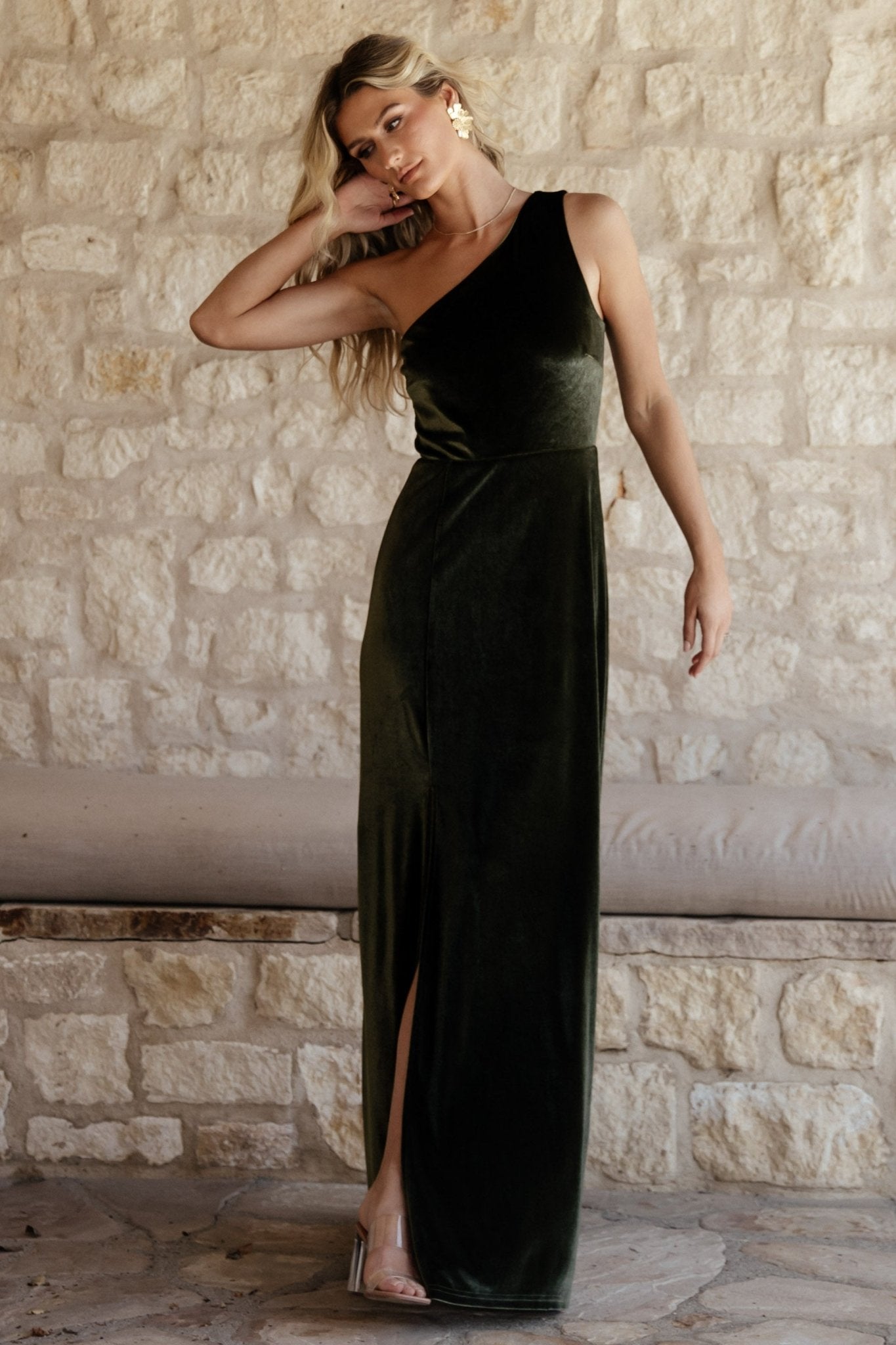 Tatiana Velvet One Shoulder Maxi Dress | Olive - Baltic Born