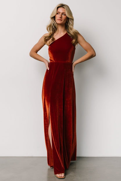 Tatiana Velvet One Shoulder Maxi Dress | Rust - Baltic Born