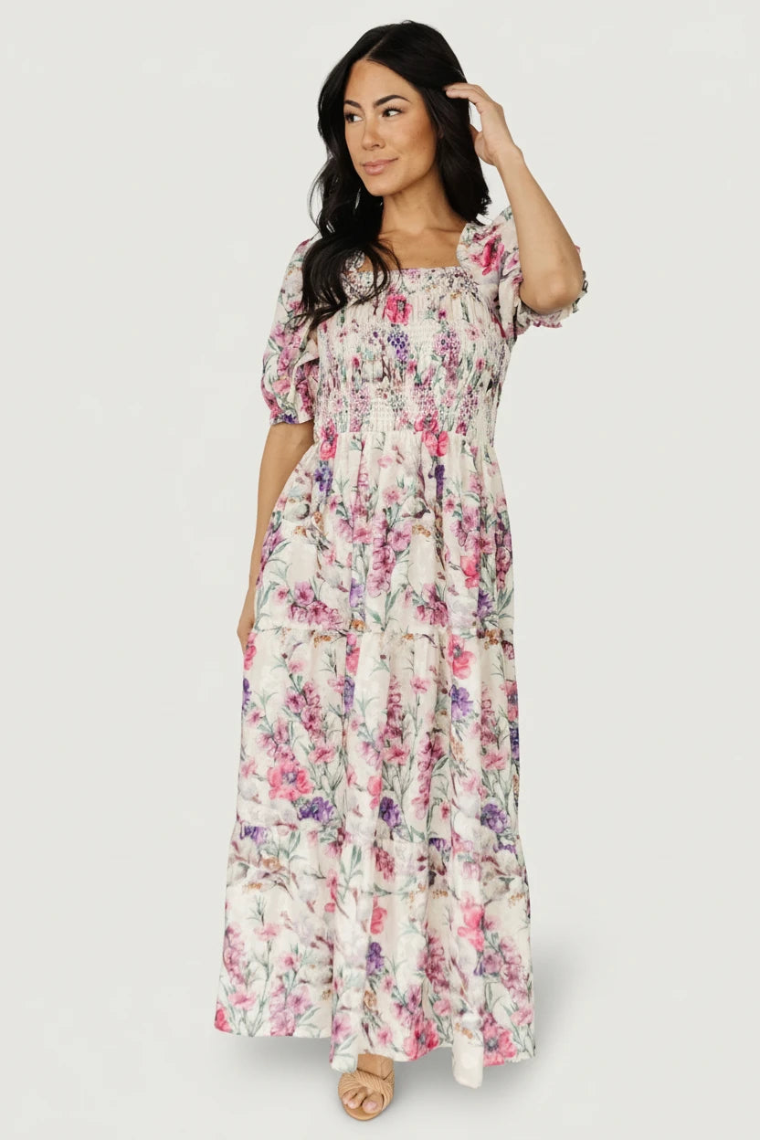 Tulsa Smocked Dress | Cream + Pink