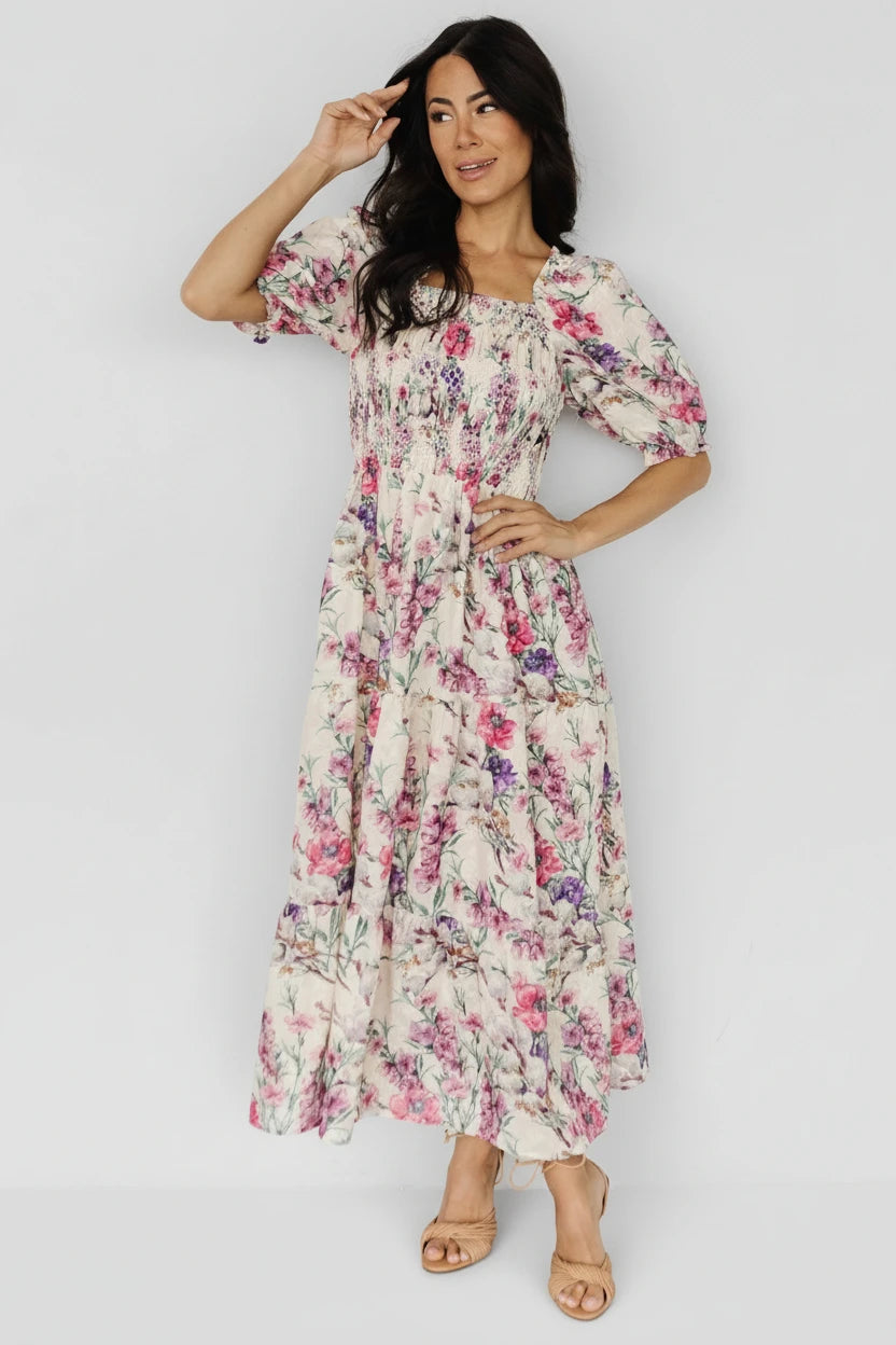 Tulsa Smocked Dress | Cream + Pink