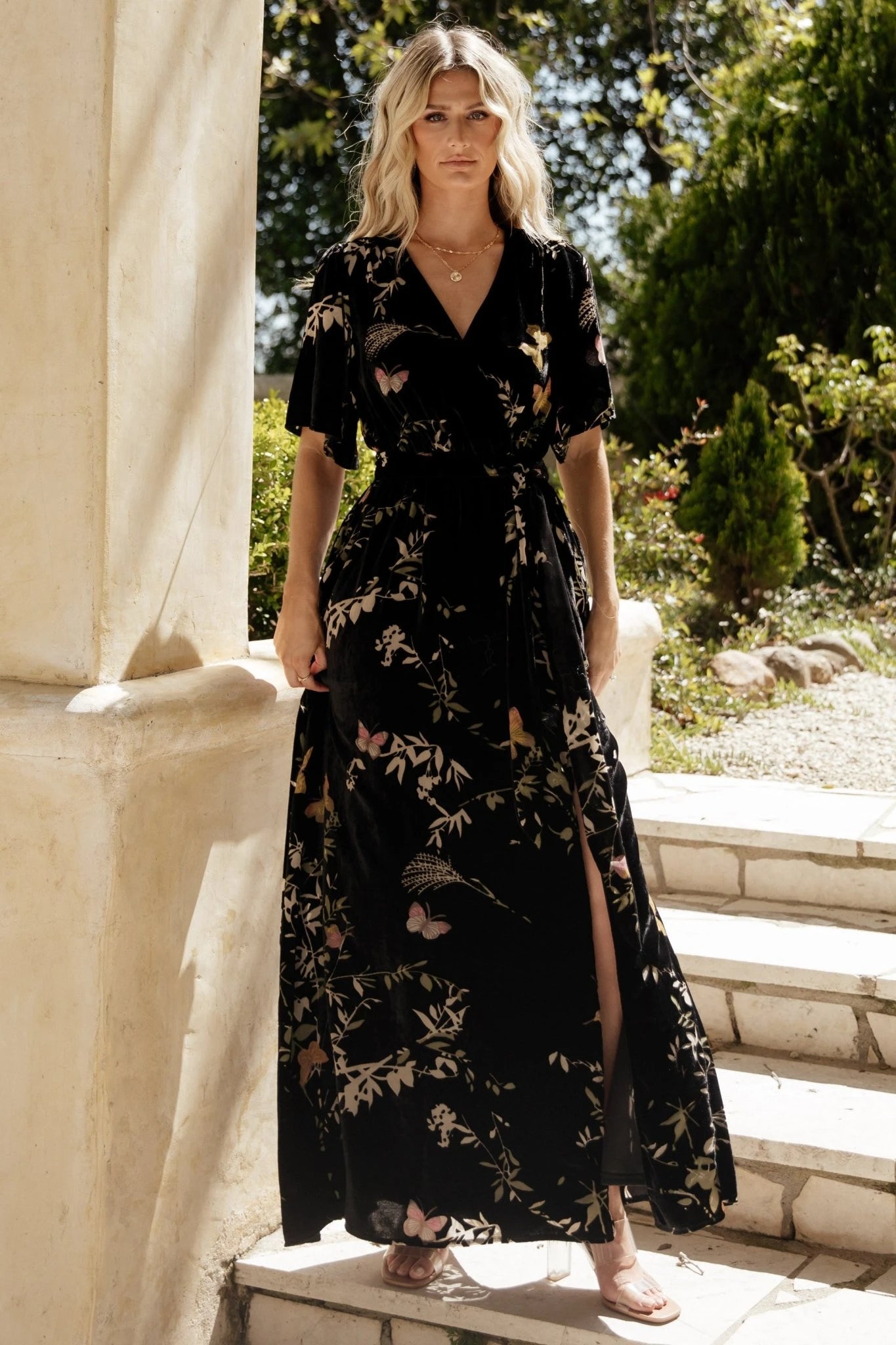Baltic Born Womens Uma Velvet Maxi Dress | Black Butterfly Print