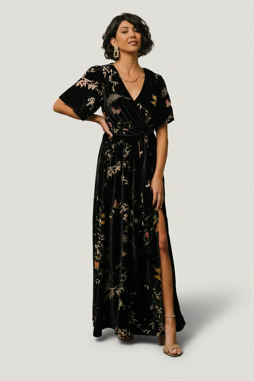 Uma Velvet Maxi Dress | Black Butterfly Print