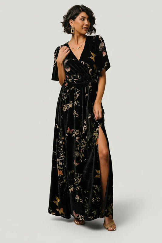 Uma Velvet Maxi Dress | Black Butterfly Print