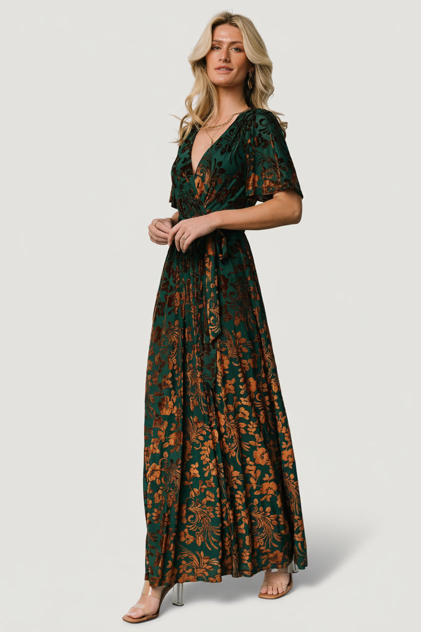 Uma Velvet Maxi Dress Bronze & Jade Floral | Baltic Born M Uma Velvet Maxi Dress Bronze & Jade Floral | Baltic Born M