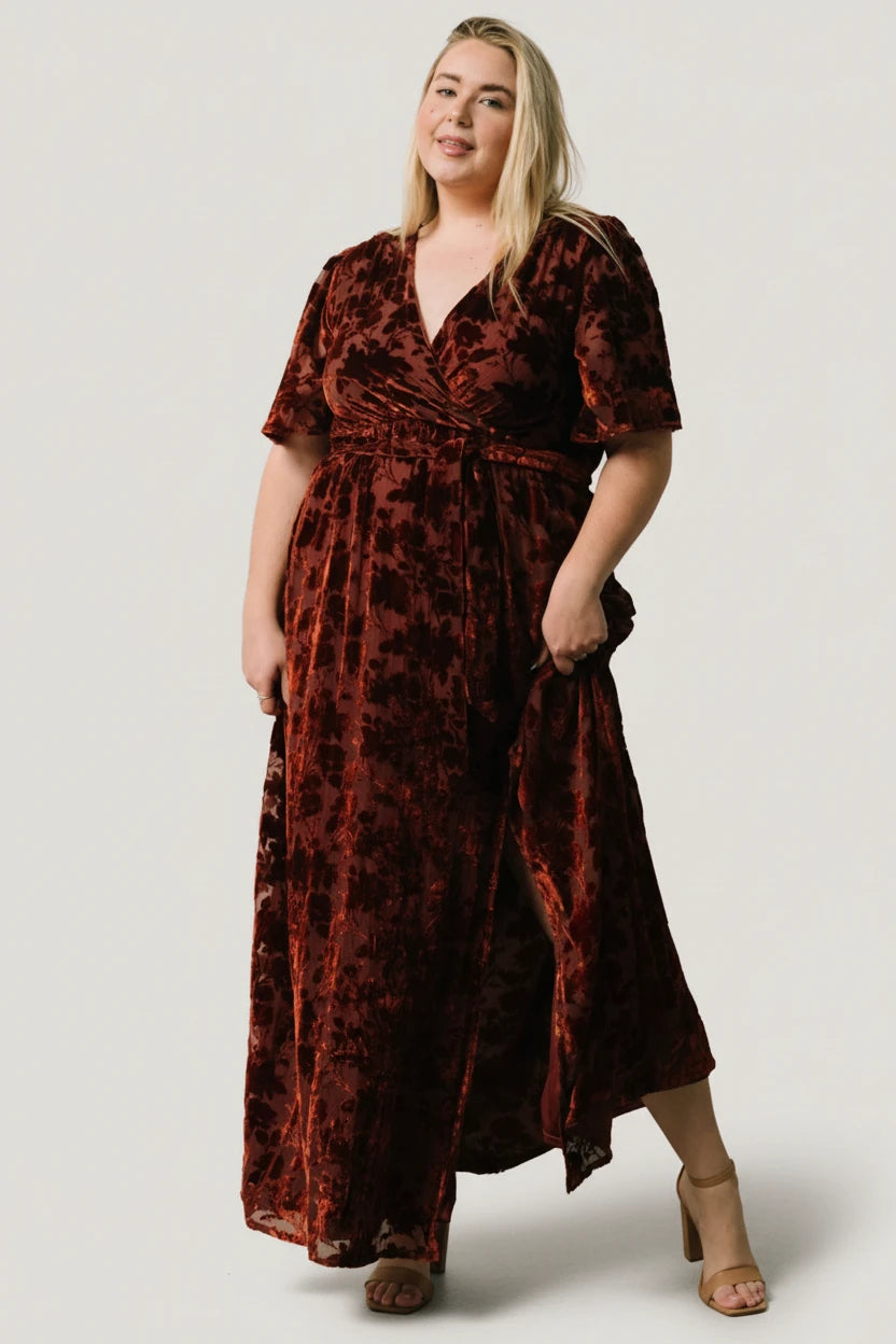 copper velvet maxi dress Baltic Born Womens Meghan Velvet Wrap Maxi Dress | Rust
