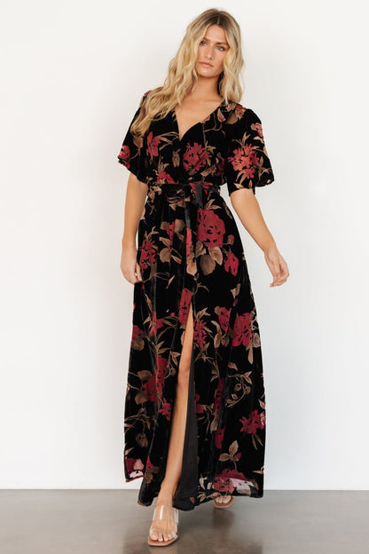 Uma Velvet Maxi Dress | Merlot + Black Floral - Baltic Born