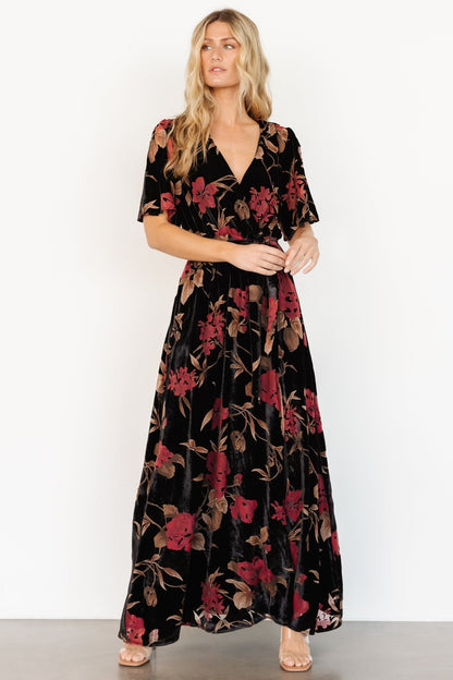 Uma Velvet Maxi Dress | Merlot + Black Floral - Baltic Born