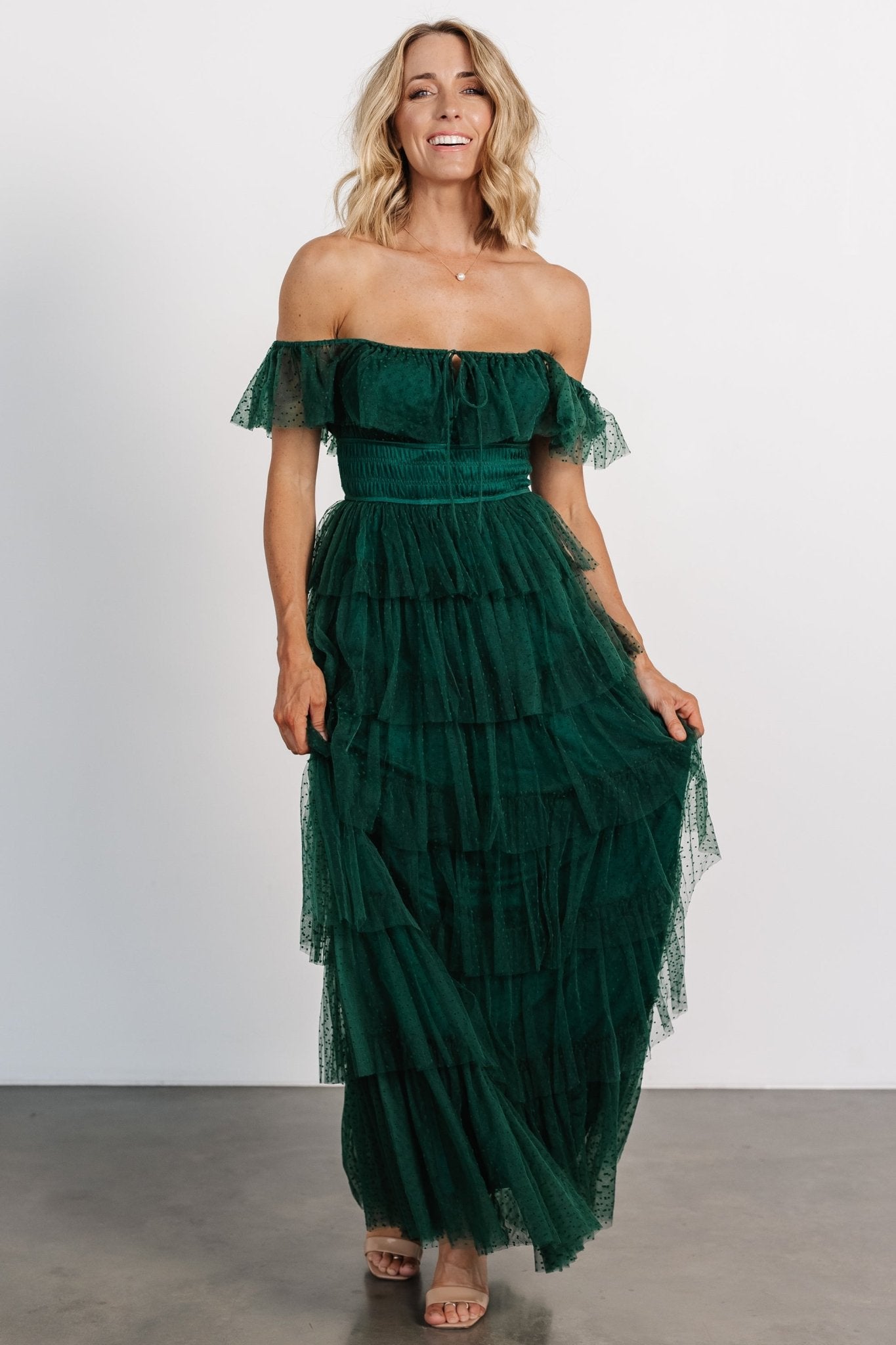 Valora Swiss Dot Tulle Maxi Dress | Dark Green - Baltic Born