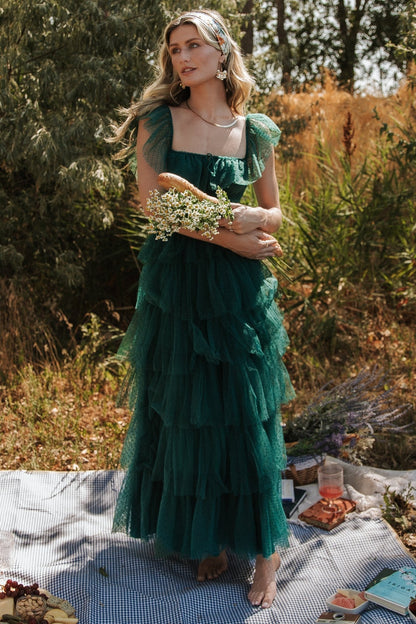 Valora Swiss Dot Tulle Maxi Dress | Dark Green - Baltic Born