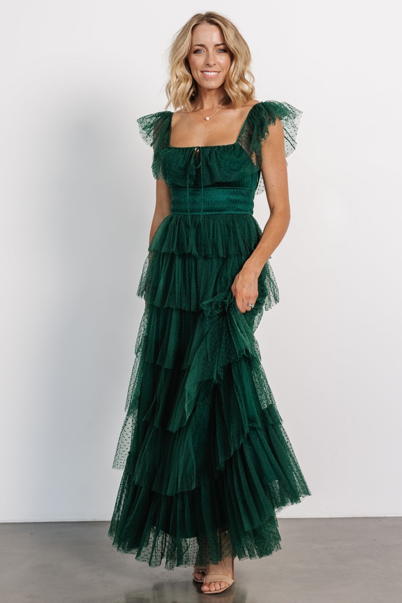 Valora Swiss Dot Tulle Maxi Dress | Dark Green - Baltic Born