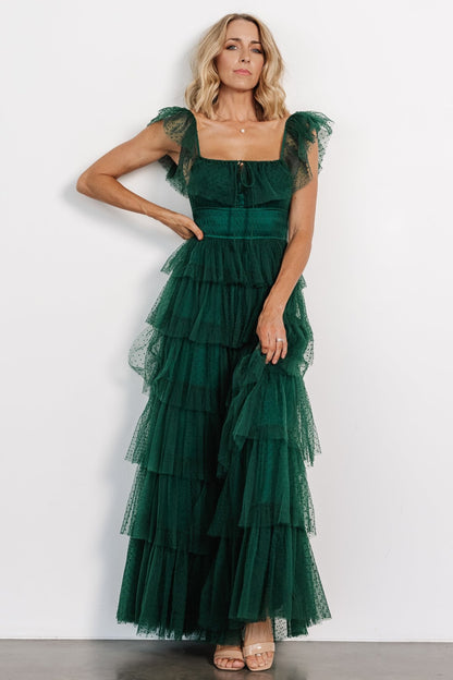 Valora Swiss Dot Tulle Maxi Dress | Dark Green - Baltic Born