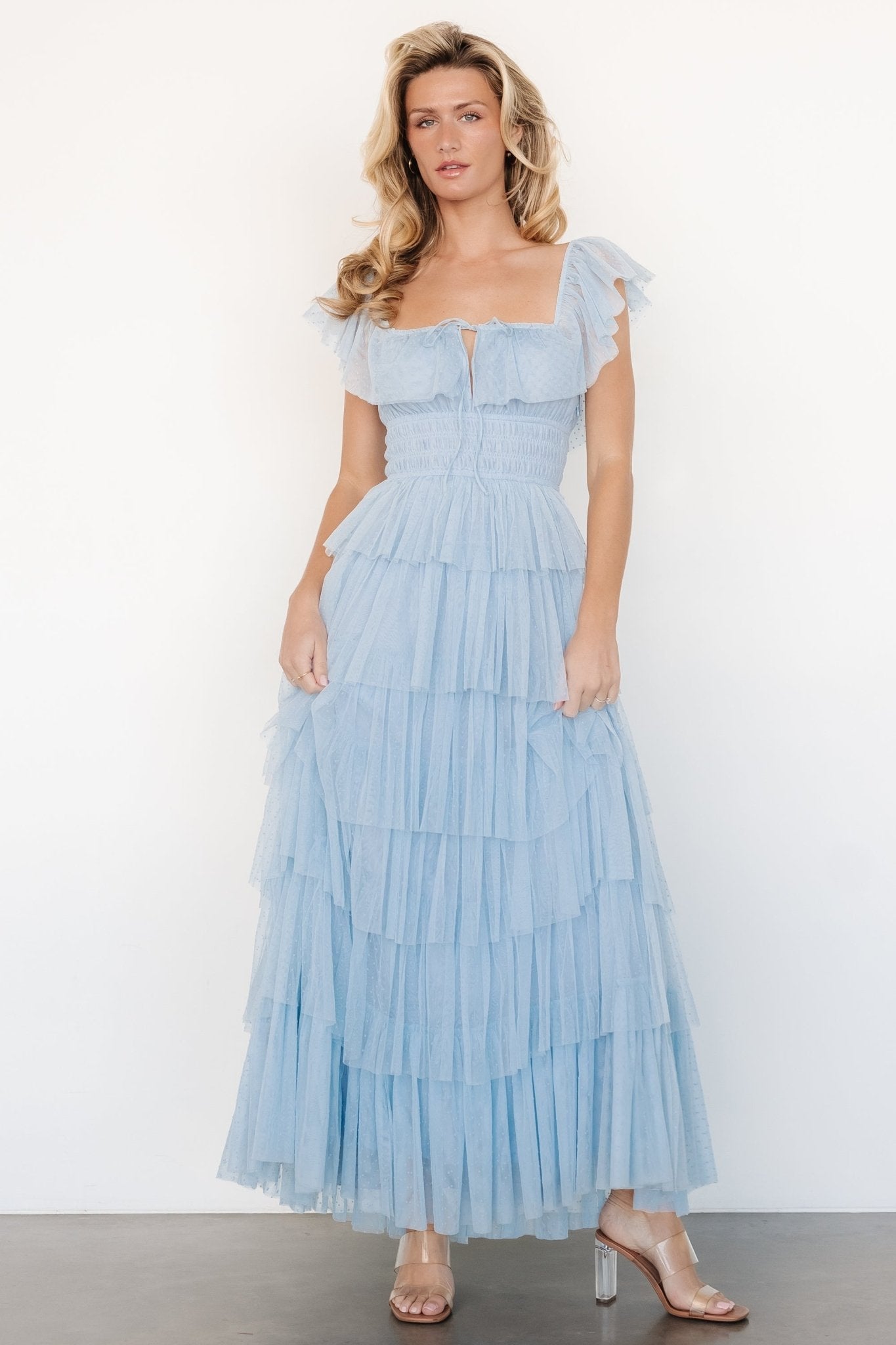 Valora Swiss Dot Tulle Maxi Dress | Light Blue - Baltic Born