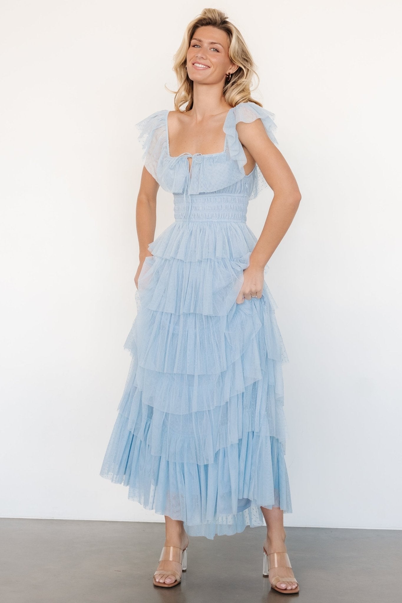 Valora Swiss Dot Tulle Maxi Dress | Light Blue - Baltic Born