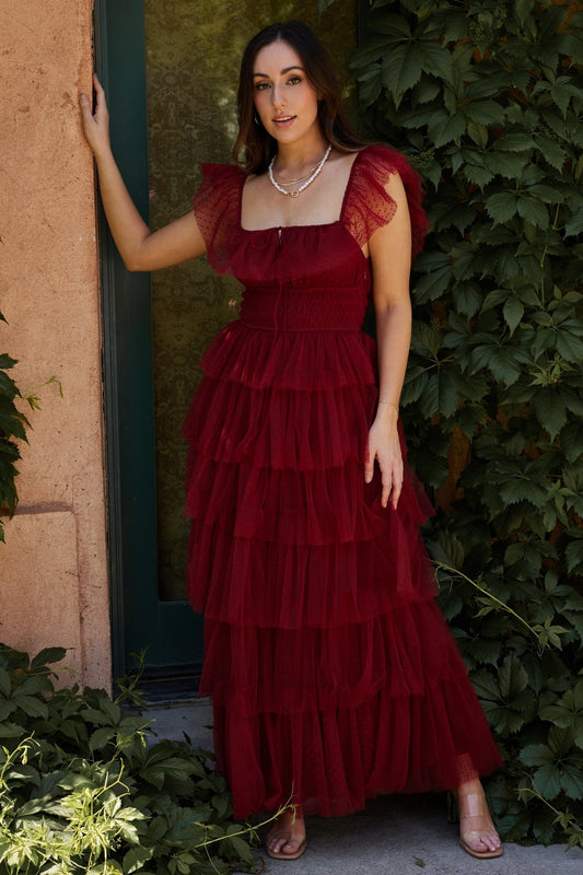 Valora Swiss Dot Tulle Maxi Dress | Wine - Baltic Born