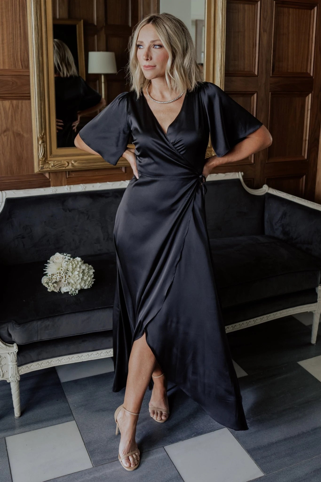 Baltic Born Womens Vara Satin Maxi Wrap Dress | Black