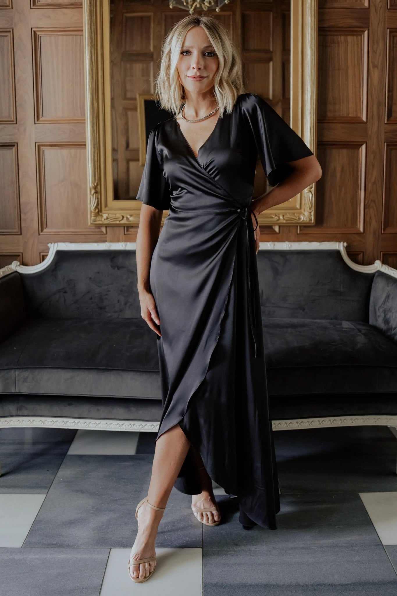 Baltic Born Womens Vara Satin Maxi Wrap Dress | Black