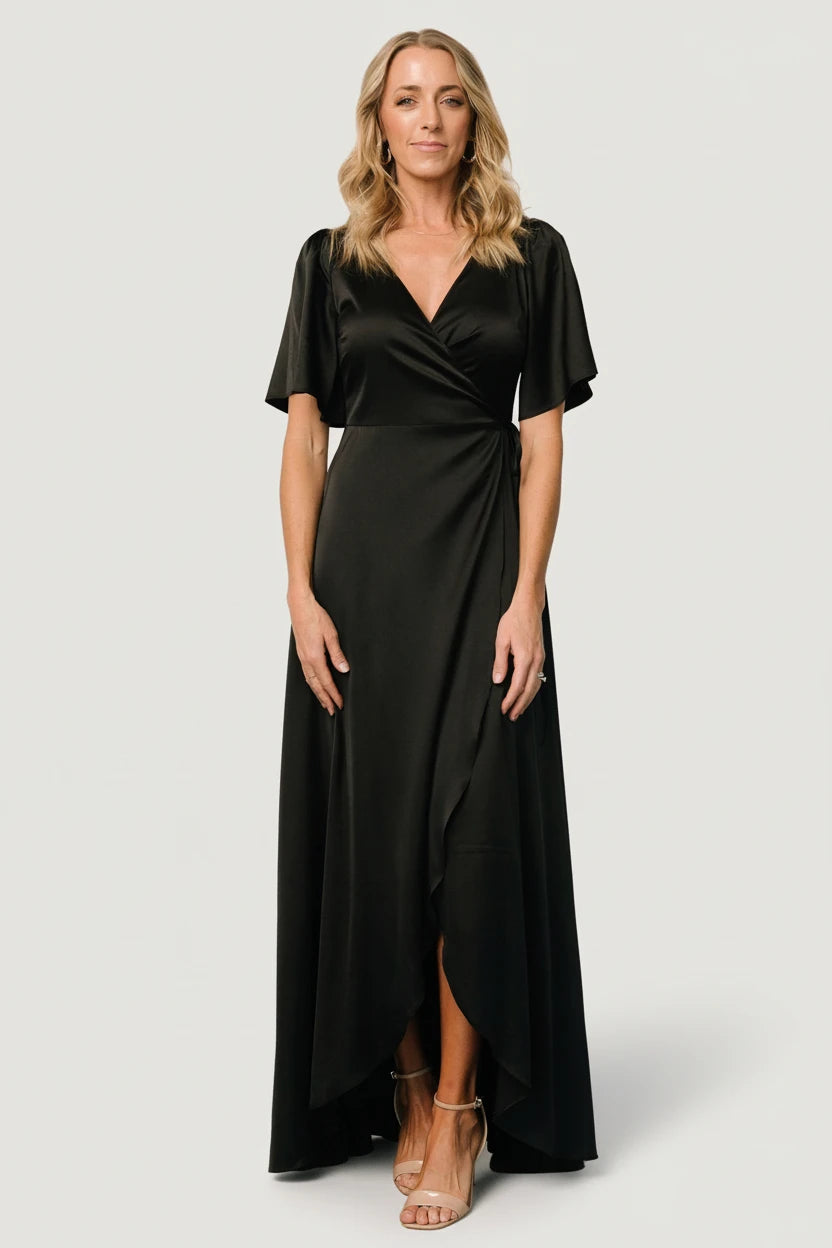 Vara Satin Maxi Wrap Dress — Black Satin Maxi