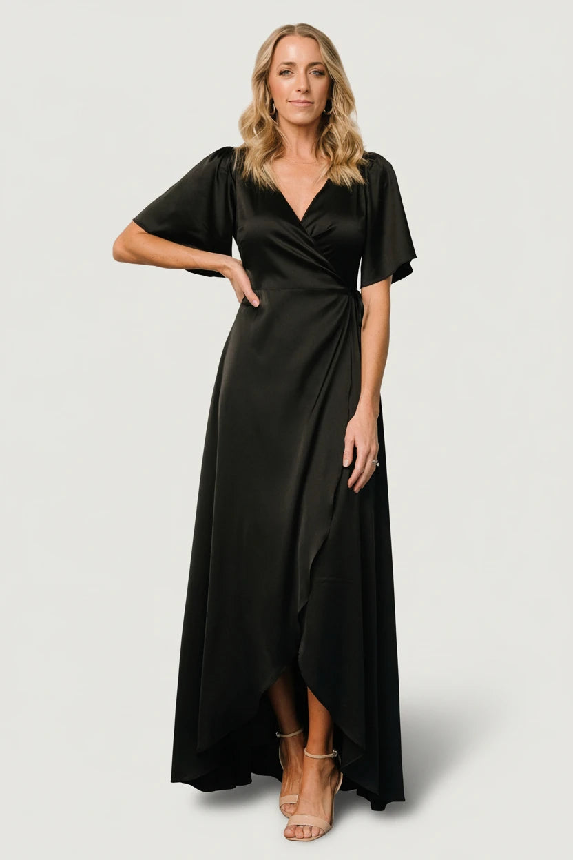 black wrap dress with sleeves Women's The Petite Size Cascade Wrap Dress combines a sleek boohoo Women's Long Sleeve Wrap
