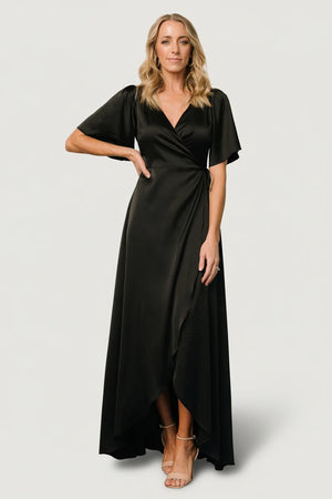 black metallic wrap dress Vara Satin Maxi Wrap Dress — Black Satin Maxi