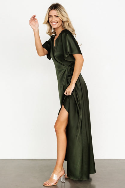 Vara Satin Maxi Wrap Dress | Dark Olive - Baltic Born