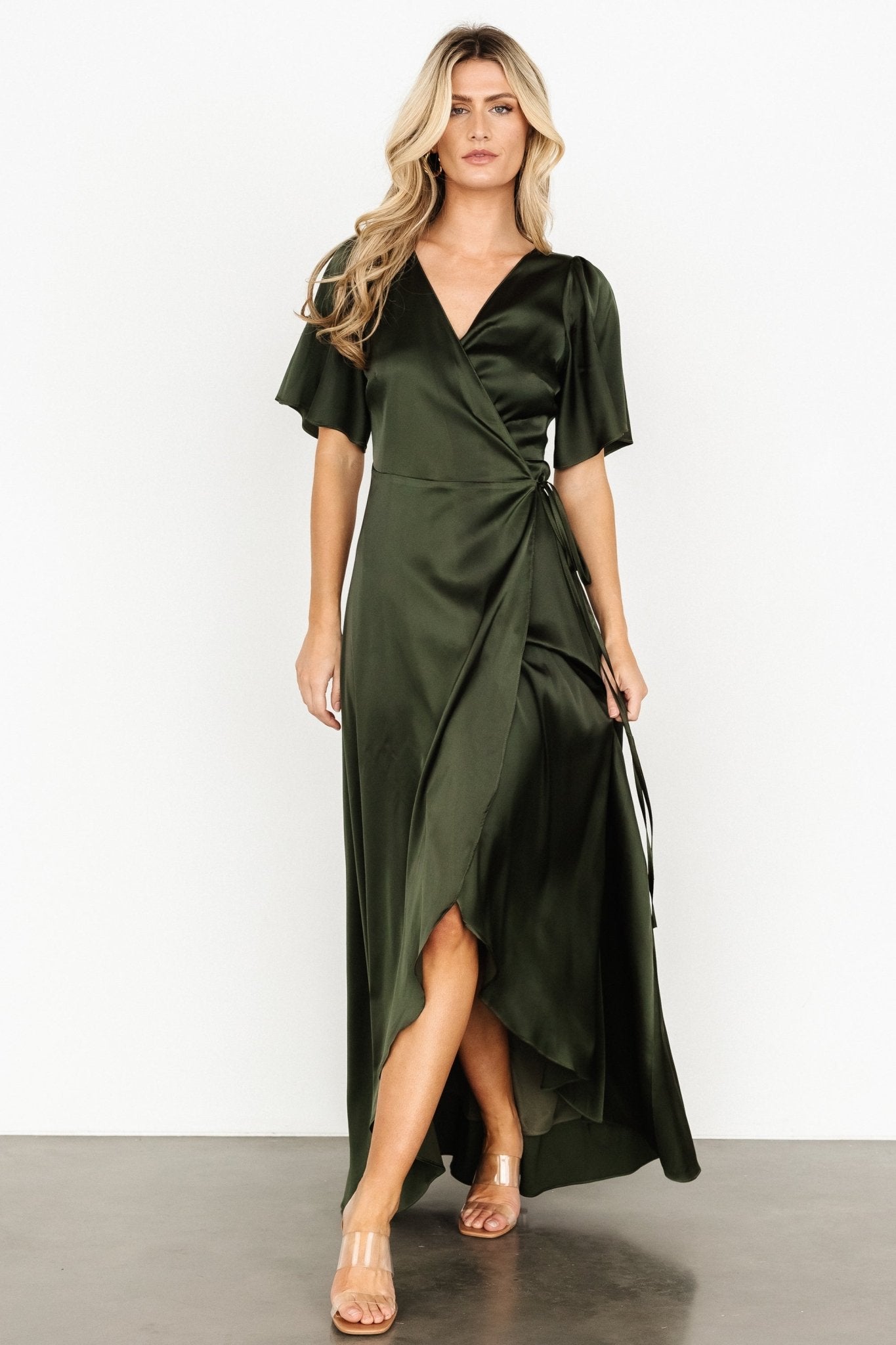 Vara Satin Maxi Wrap Dress | Dark Olive - Baltic Born