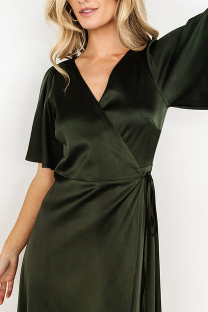 Vara Satin Maxi Wrap Dress | Dark Olive - Baltic Born