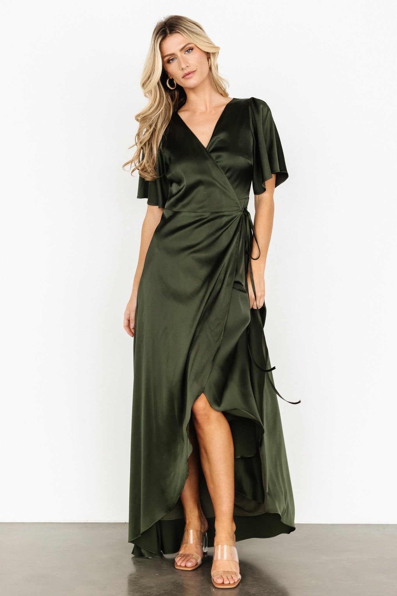 Vara Satin Maxi Wrap Dress | Dark Olive - Baltic Born