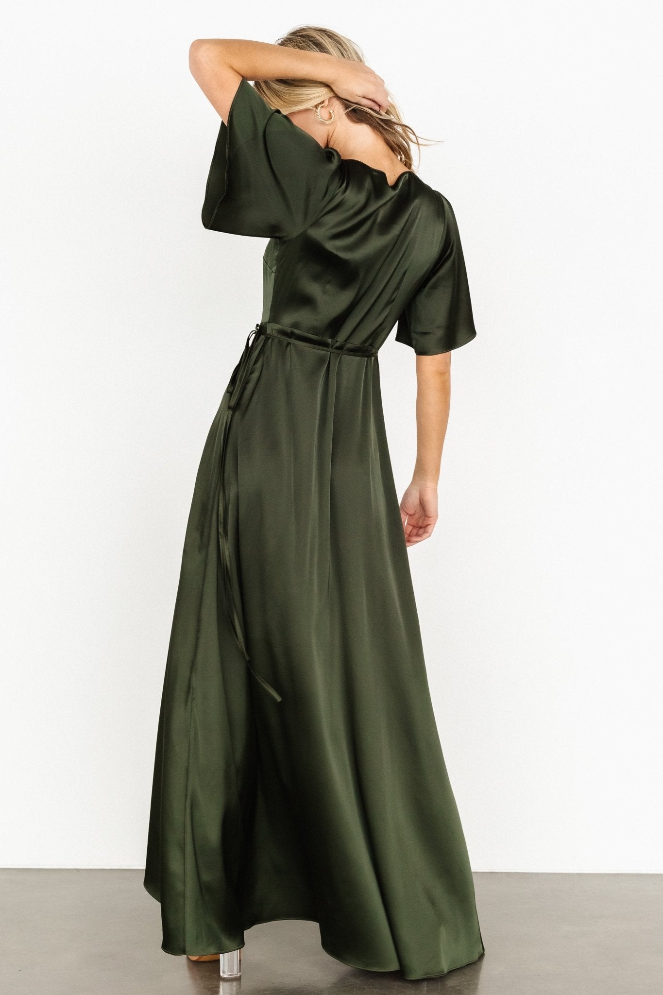 Vara Satin Maxi Wrap Dress | Dark Olive - Baltic Born