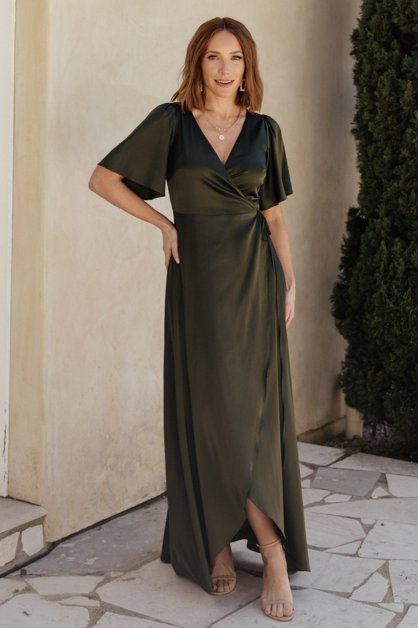 Vara Satin Maxi Wrap Dress | Dark Olive - Baltic Born