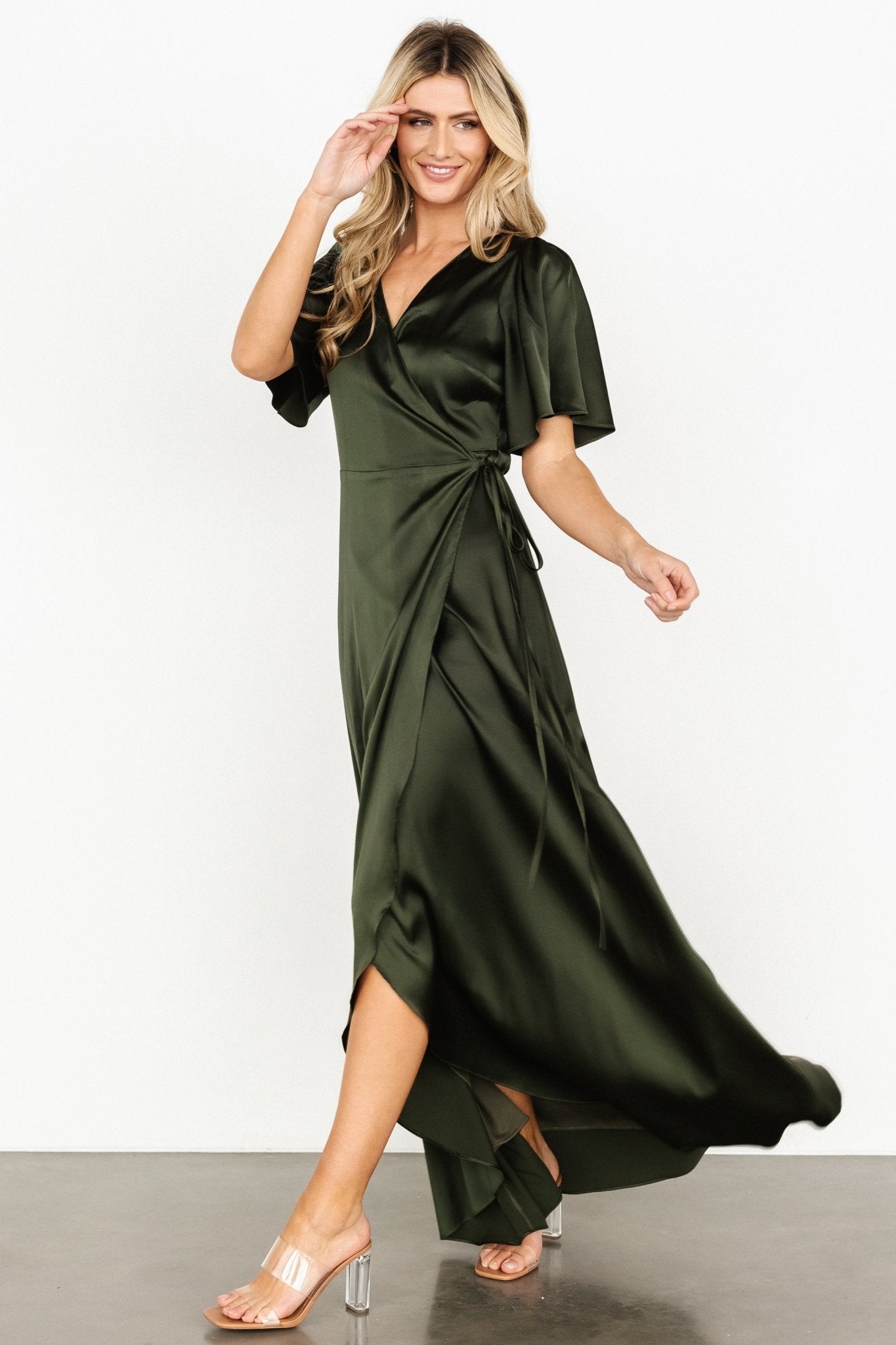 Vara Satin Maxi Wrap Dress | Dark Olive - Baltic Born