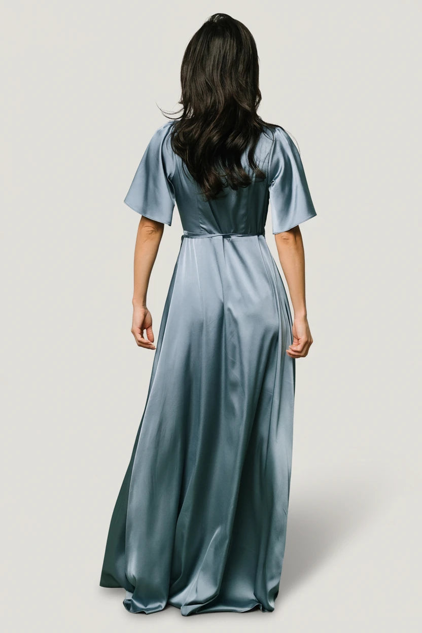 Vara Satin Maxi Wrap Dress - Dusty Blue | Baltic Born XS Vara Satin Maxi Wrap Dress - Dusty Blue | Baltic Born XS