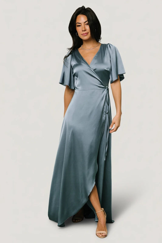 Vara Satin Maxi Wrap Dress | Dusty Blue