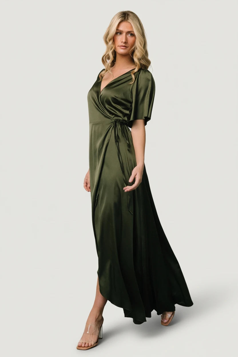Baltic Born Womens Vara Satin Maxi Wrap Dress | Juniper Green