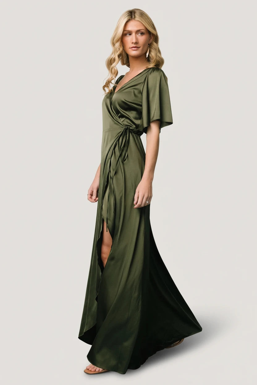 Vara Satin Maxi Wrap Dress | Juniper Green
