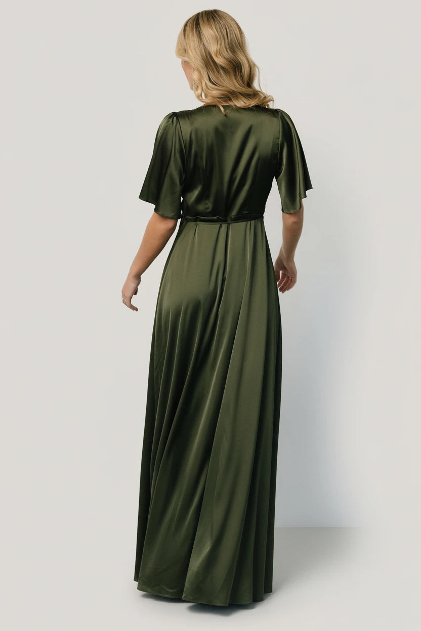 Baltic Born Womens Vara Satin Maxi Wrap Dress | Juniper Green
