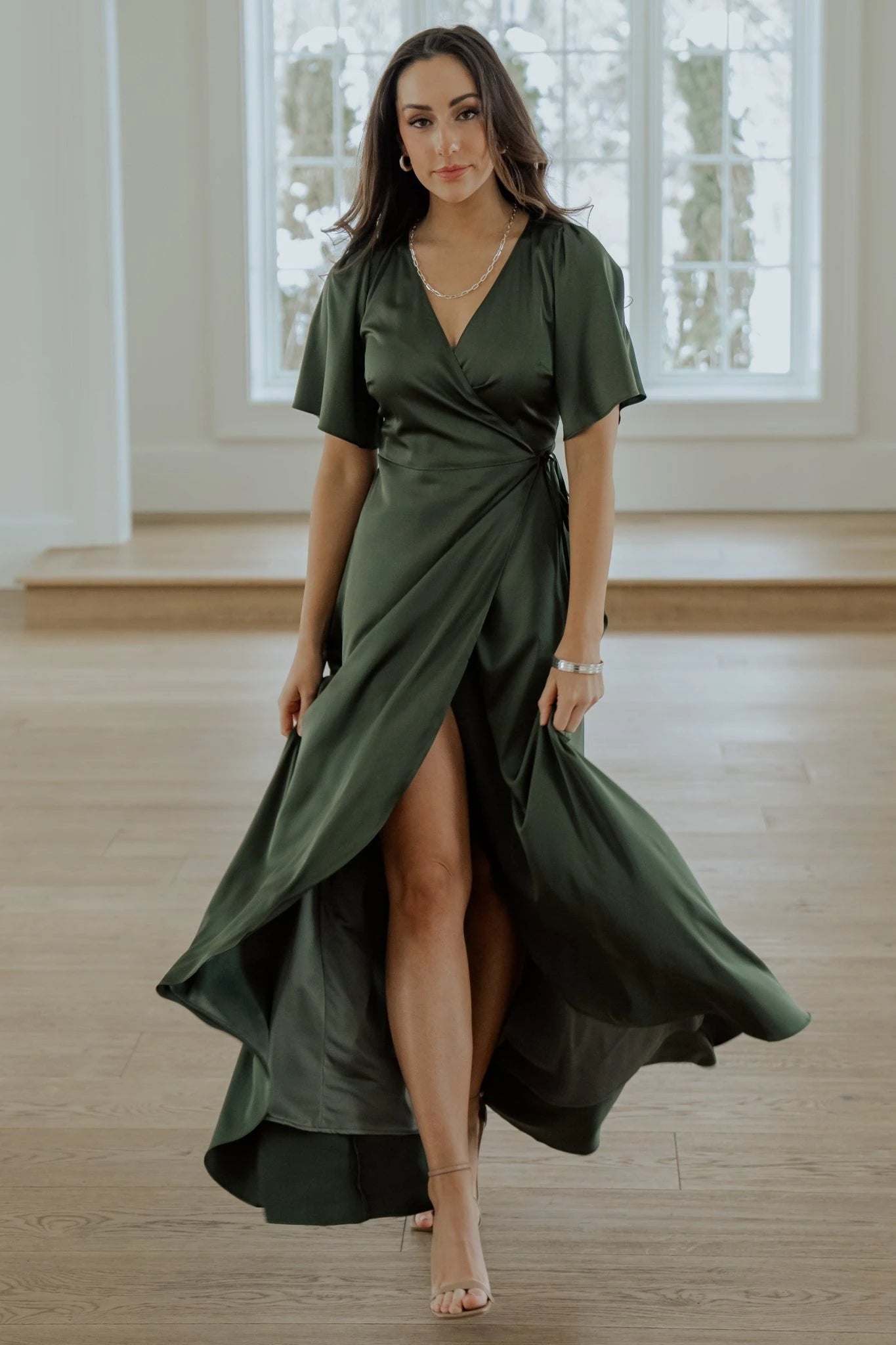 Baltic Born Womens Vara Satin Maxi Wrap Dress | Juniper Green