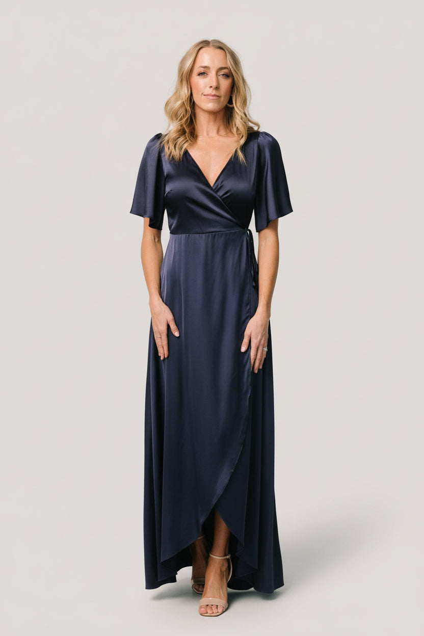 Baltic Born Womens Vara Satin Maxi Wrap Dress | Navy