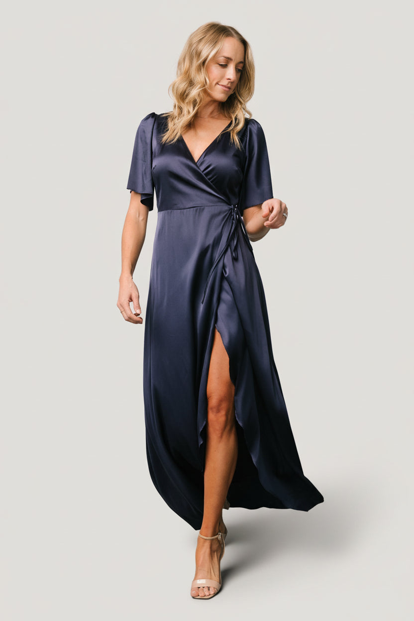 Vara Satin Maxi Wrap Dress | Navy