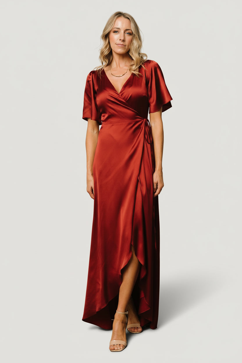 Vara Satin Wrap Maxi Dress — Terracotta