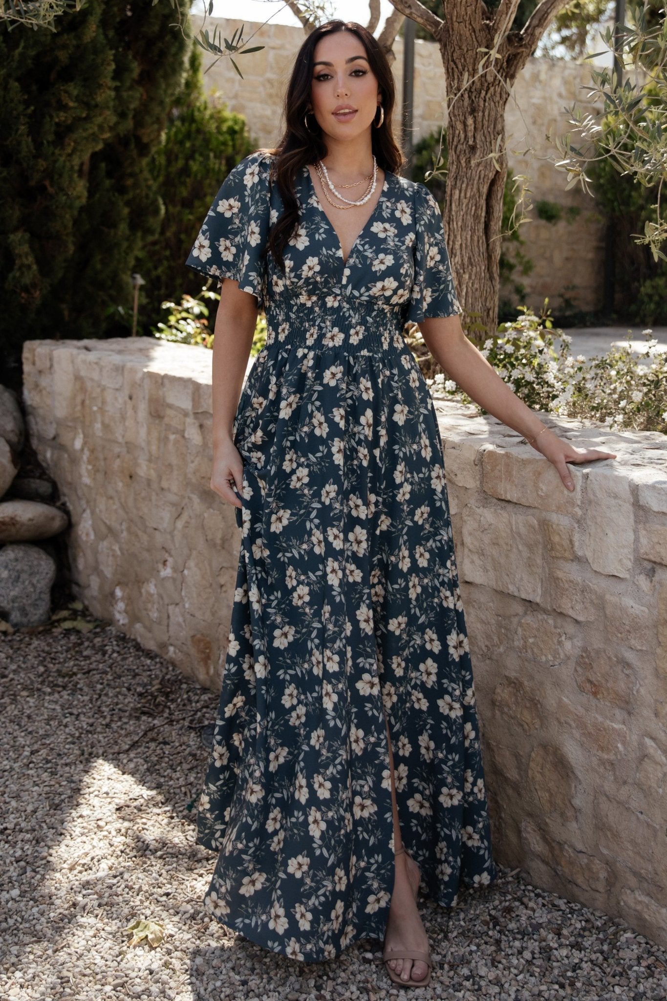Baltic Born Womens Verona Smocked Maxi Dress | Slate Floral | Color: Slate Blue Floral | Size: Small Baltic Born Womens Verona Smocked Maxi Dress | Slate Floral | Color: Slate Blue Floral | Size: Small