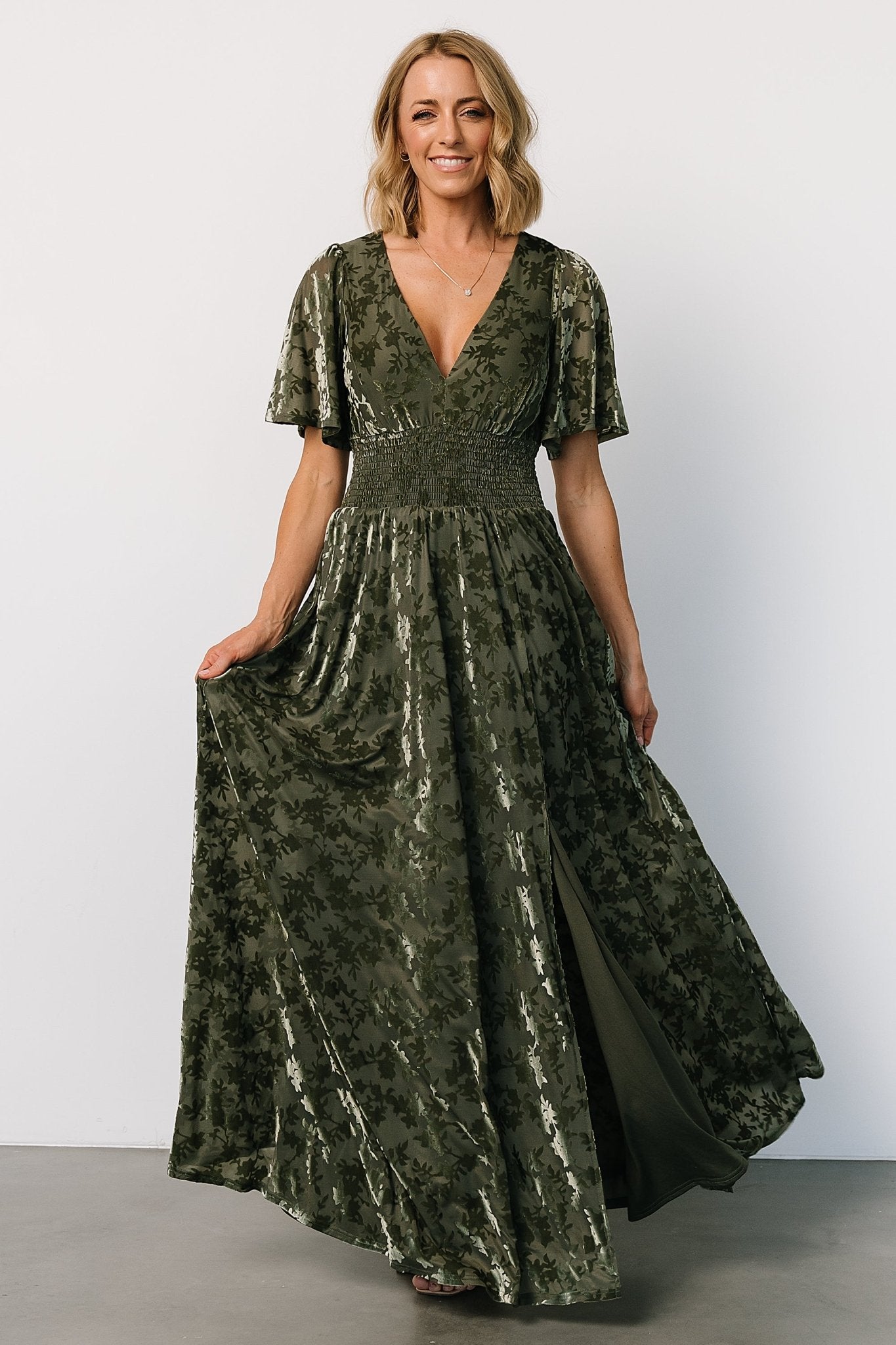 V-neckline Velvet Max Dresses with Long Sleeves Sage Plus Size