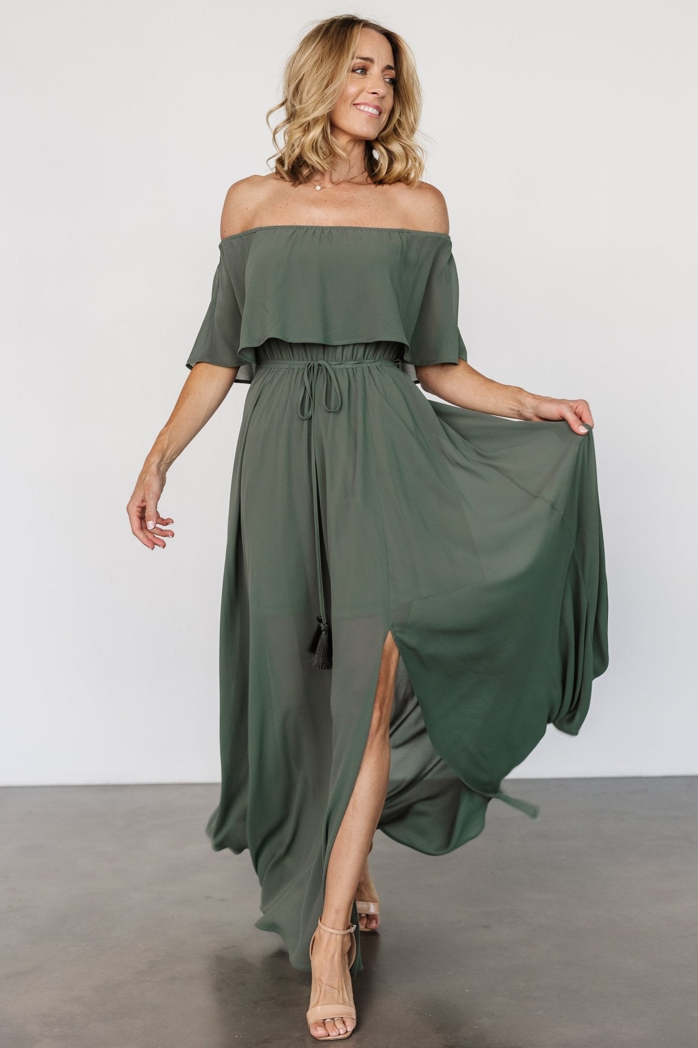 Victoria Off Shoulder Maxi Dress | Dark Sage - Baltic Born