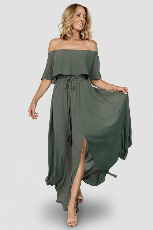 sage green off the shoulder dresses Sage Off-The-Shoulder Bridesmaid Dresses