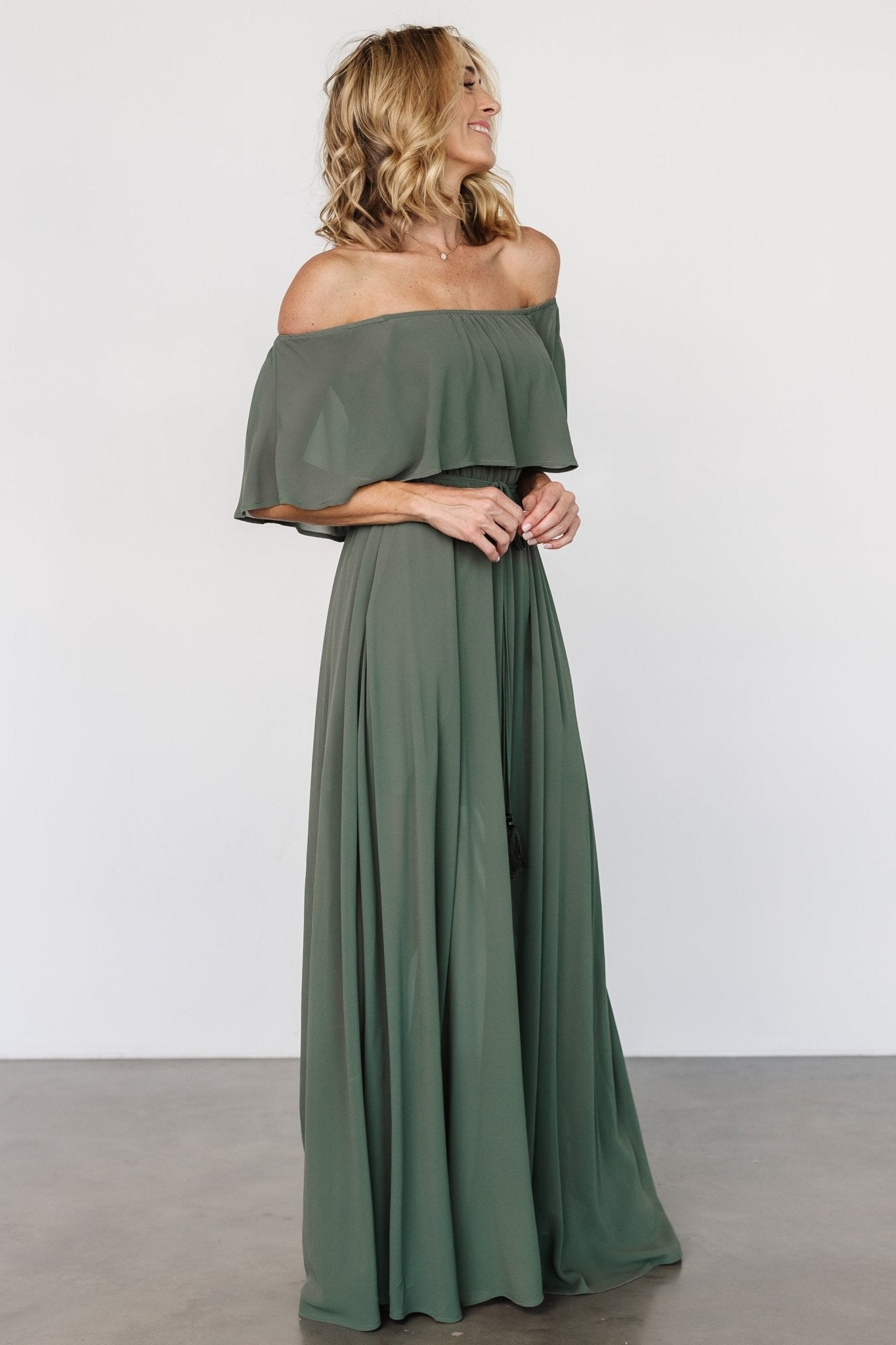 Victoria Off Shoulder Maxi Dress | Dark Sage - Baltic Born