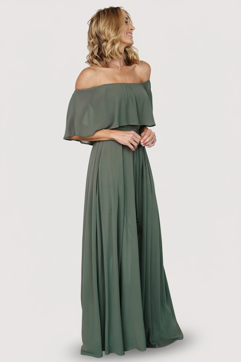 Baltic Born Womens Victoria Off Shoulder Maxi Dress | Dark Sage
