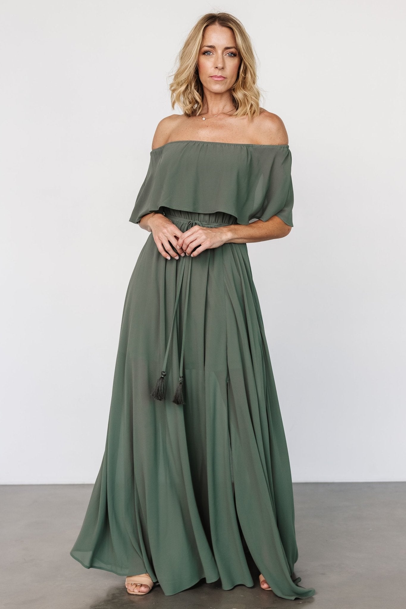 Victoria Off Shoulder Maxi Dress | Dark Sage - Baltic Born