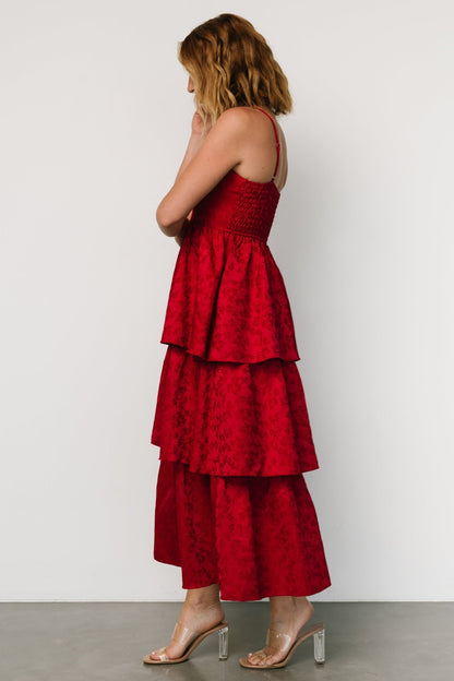 Violetta Embossed Tiered Dress | Deep Red - Baltic Born